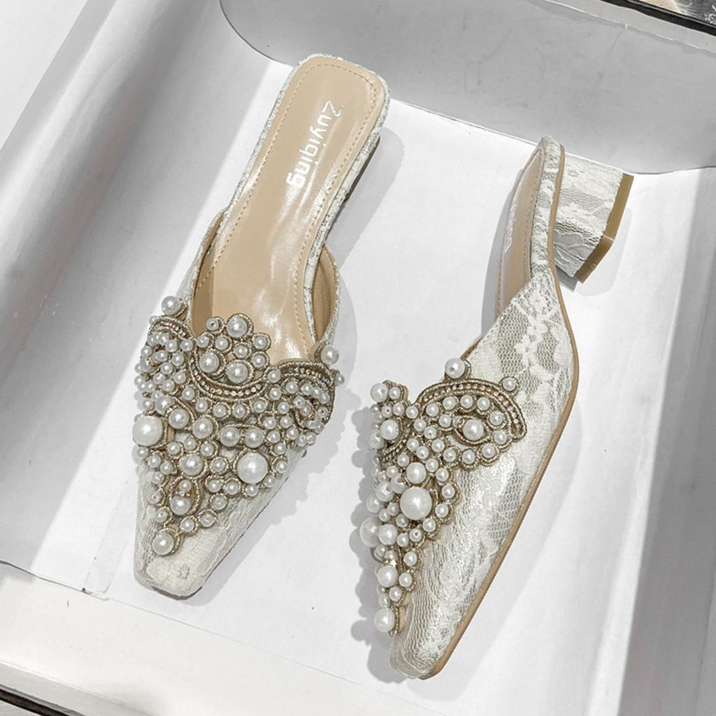 New Thick Heel Baotou Slippers with Pearl Decoration for Women's Head, Middle Heel, Soft Bottom, Half Tow, Outerwear Cool