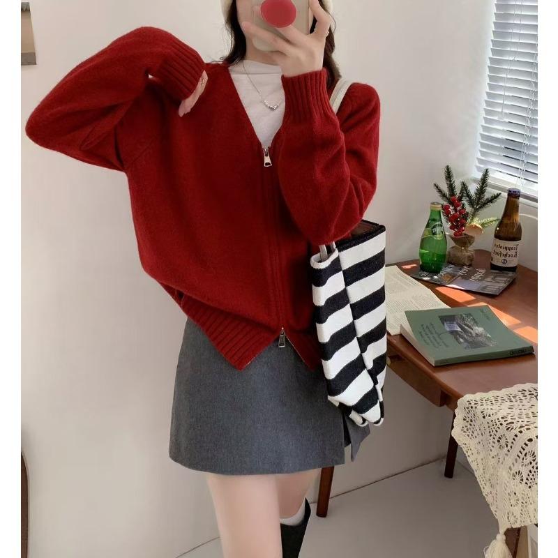 

Simple style solid color double zipper sweater jacket women s autumn and winter design sense niche versatile knitted cardigan average size красный