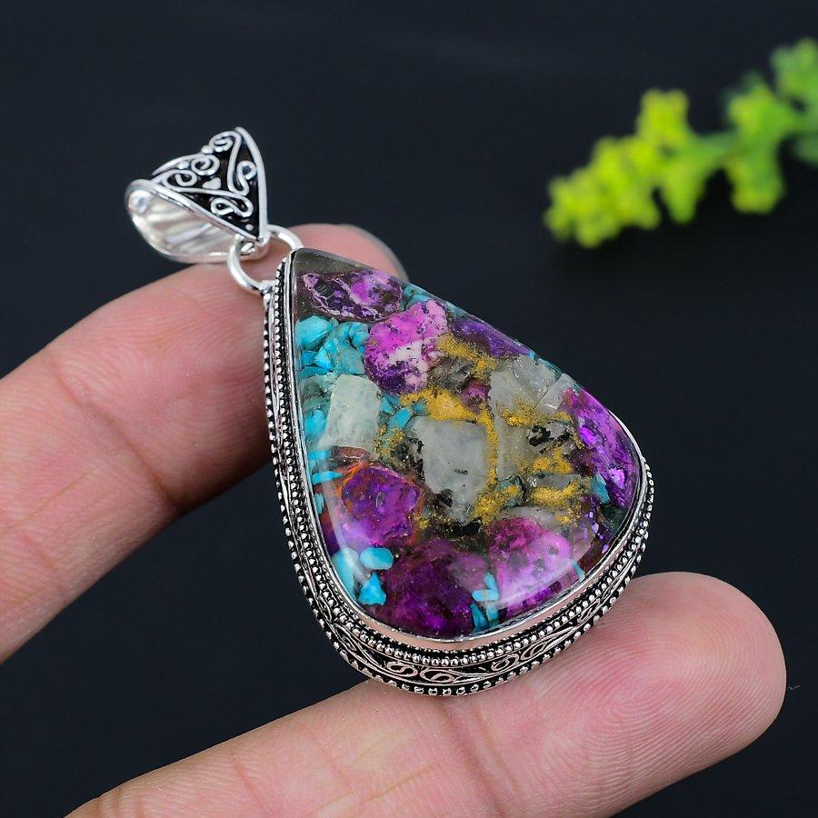 Natural Spiny Oyster Gemstone Handmade 925 Sterling Silver Pendant 2.25" D0Y20