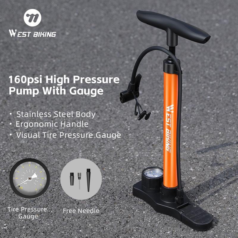 WEST BIKING High Pressure Bicycle Air Pump With Pressure Gauge 160 PSI Stainless Steel Floor Pump MTB Road Bike Tire Inflator