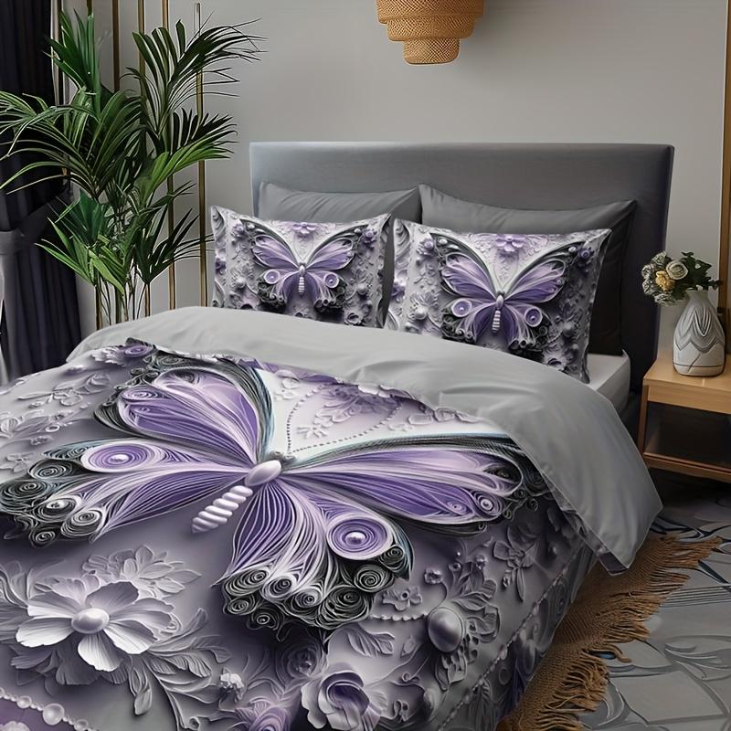 3Pcs Baroque Style Embossed Butterfly Floral Duvet Cover Set, HD Print All Season Bedding with Pillowcases for Home Dorm Decor