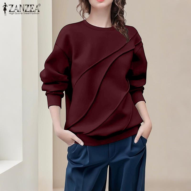 ZANZEA Women Casual Round Neck Loose Autumn Long Sleeve Blouse