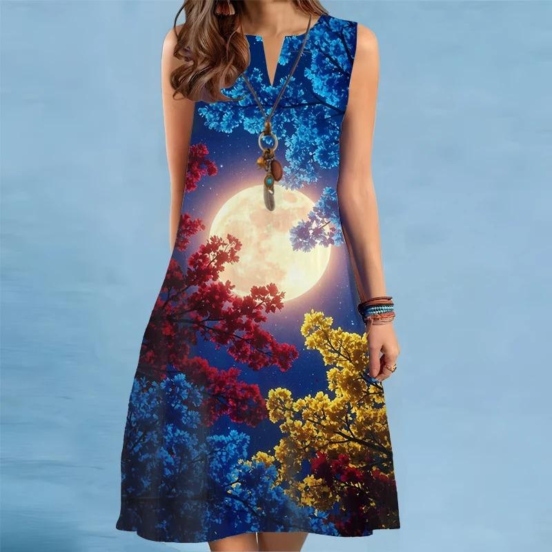Summer Print A-Line Dress Women Casual Sexy Sleeveless V-neck Loose Mini Dress Elegant Landscape Oil Painting Dress Vestidos