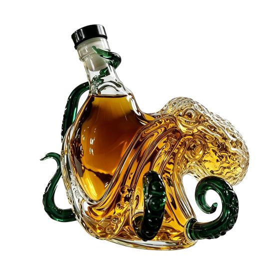 Yousheng Octopus Shaped Whiskey Decanter, 3D Blown Glass Wine Bottle with Stopper, 400ml Handmade Lead-Free Barware, Creative Bar Decor Gift for