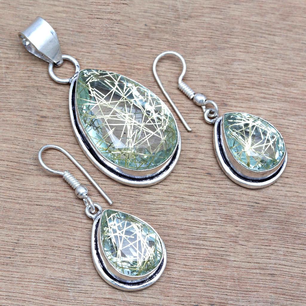 Rutile  Golden Set Earring Jewelry 18-20'' Pendant Quartz Sterling