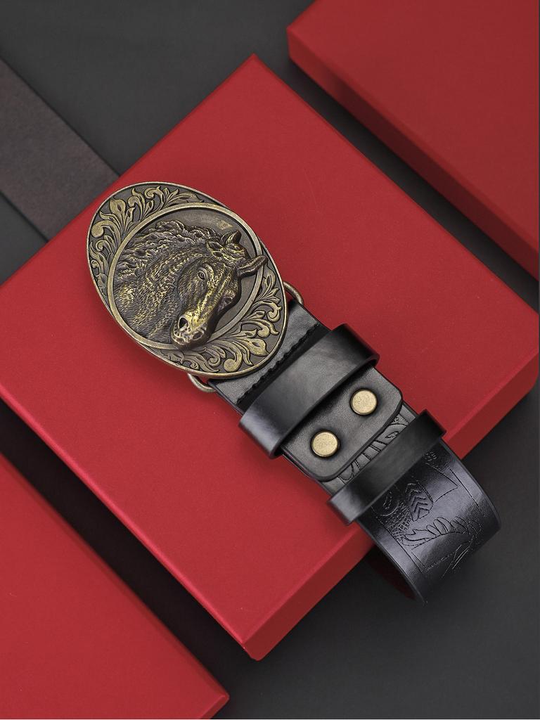 Men's Horse Head Belt Twelve Zodiac Trendy Fashion New Casual Versatile Men's Belt Automatic Buckle Waist Seal Pu Leather Alloy Buckle
