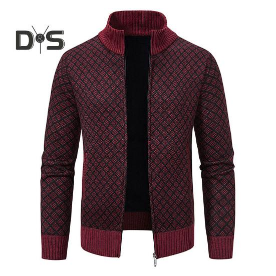 

Мужское трикотажное пальто с воротником-стойкой, длинным рукавом, застежкой-молнией и карманами, клетчатый принт, осень-зима, повседневный трикотаж M
