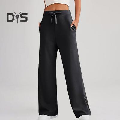 Women Pants High Elastic Waist Wide Leg Loose Solid Color Soft Casual Drawstring Full Length Pockets Simple Style Lady Yoga Jogging Sweatpants Long