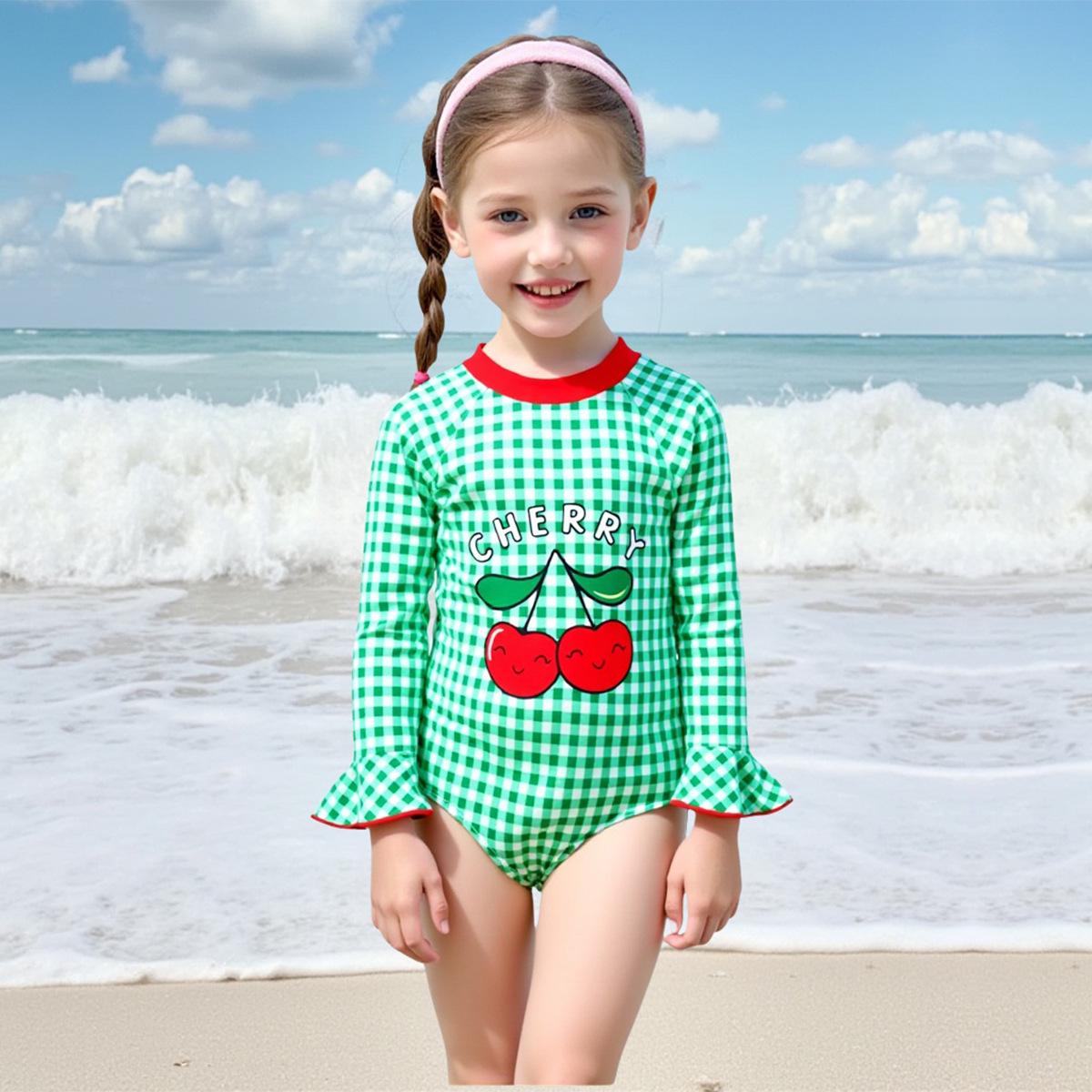 

Girls Plaid Long-Sleeve Zipper Swimsuit Set 2025 5 Years зелений