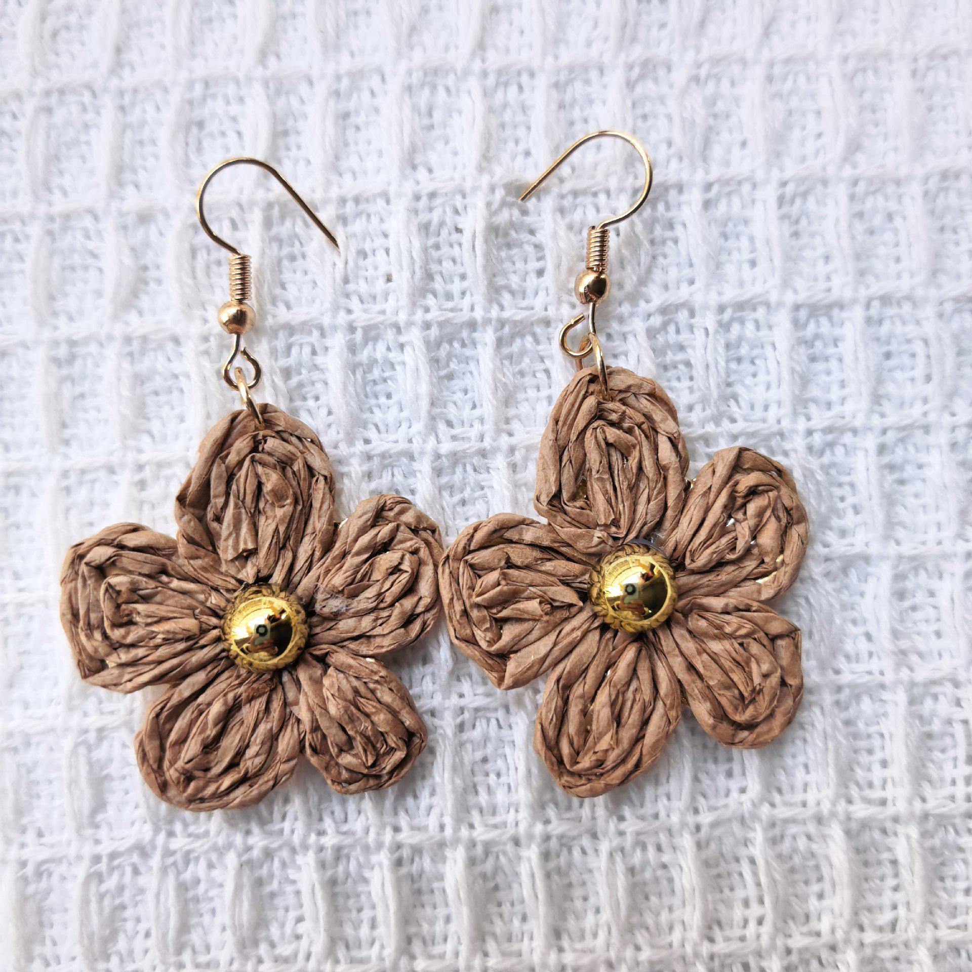 Raffia Woven Large Flower Dangle Earrings - Retro Ethnic Style for Women