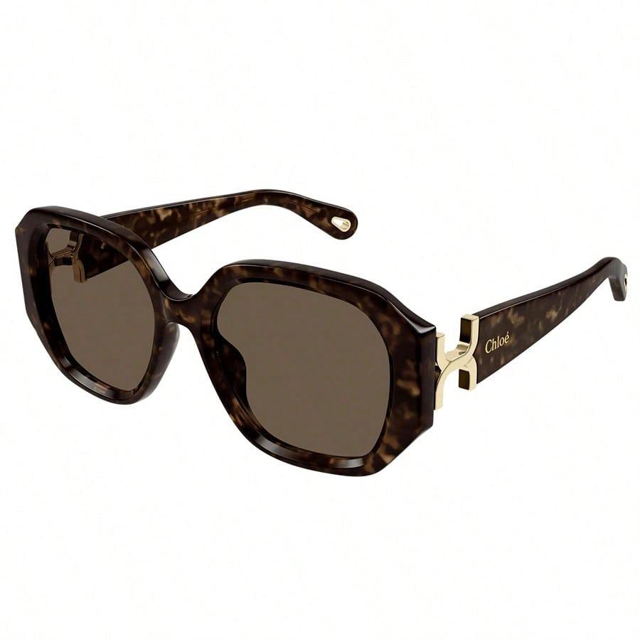 Chloé CH0236S‑002 Women Tortoise Shell Geometric Sunglasses Gold H‑Shaped Hinge Sun Glasses