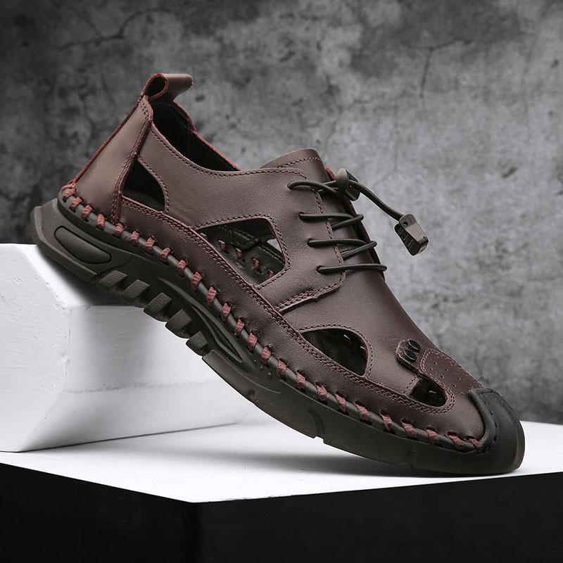 Fashion British Style Men Genuine Leather Flat Designer Shoes 2025 New Summer Breathable Casual Outdoor Walking Shoes Hand Beach Sandals
