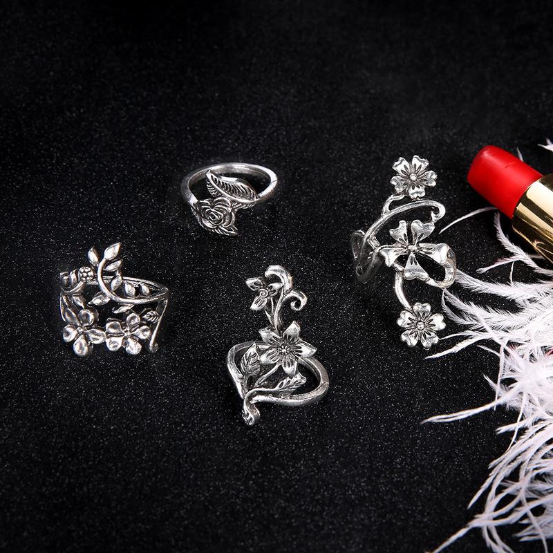 4pcs/set Antique Silver Color Vintage Bohemia Ring Set Rose Flower Rings for Women Charm Bohemia Floral Knuckle Ring
