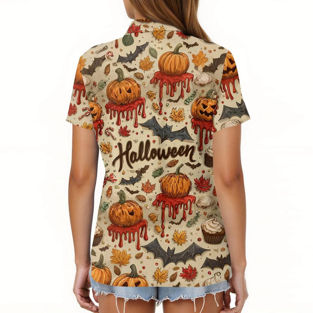 Women's Fashion Casual Lapel Short Sleeve Halloween Print Shirt Women's Button Up Tops