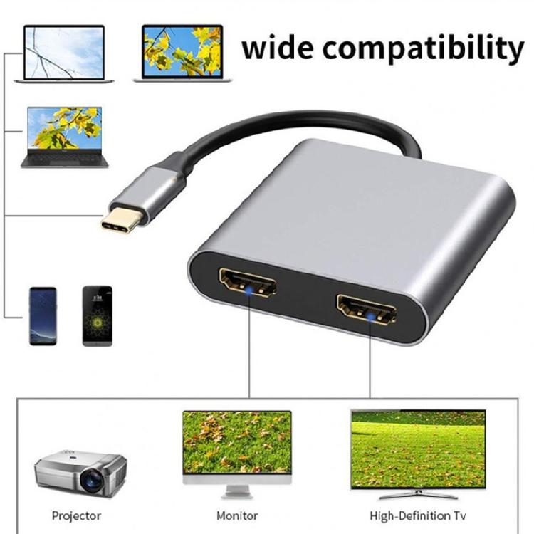 Aluminum USB C Adapter Dock Double HDTV 4K 60Hz Output Type C to HDTV Splitter for Double Monitors