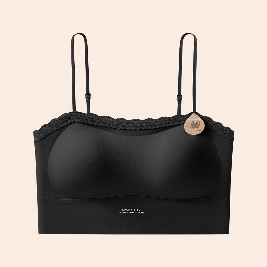 Summer Seamless Lace Trim Push-Up Bandeau Bra – Wire-Free, Strappy, Anti-Exposure, Sweet Beautiful Back Design.