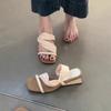 Sheepskin version~ Wedge heel French temperament square head sandals women's word with slippers open toe with skirt high heel cool slippers