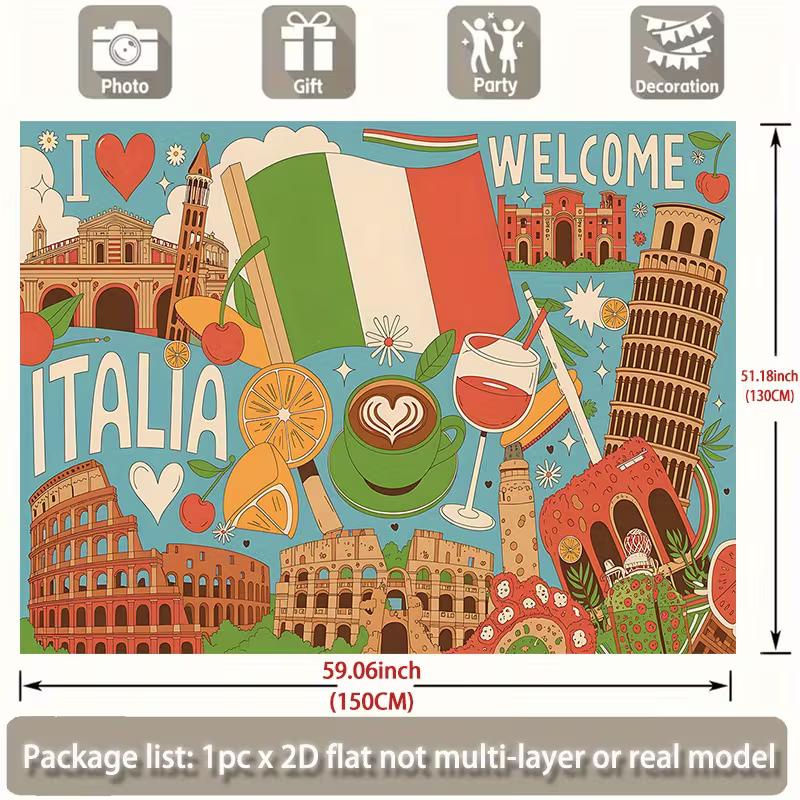 2D I Love Italia Photography Backdrop, Italy Flag, Coffee, Wine and Landmarks Background