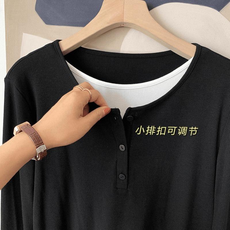 Contrasting color fake two-piece shirt women's bottoming shirt spring simple versatile breasted long-sleeved inner design top