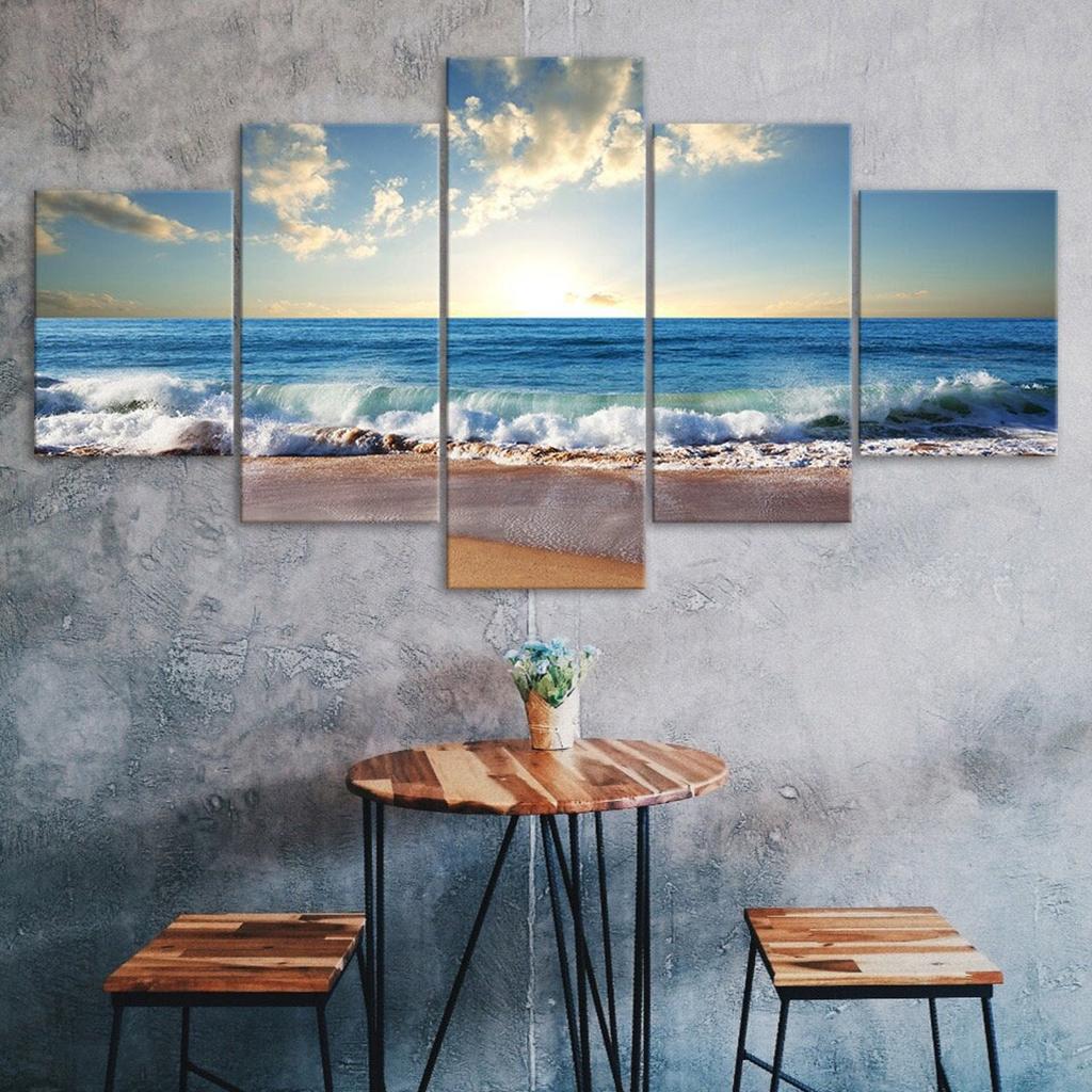 Ocean Beach Sea View Horizon Over Water Canvas 5 Piece Five Panel Wall Print Modern Art Poster Picture Home Decor Gift For Him For Her