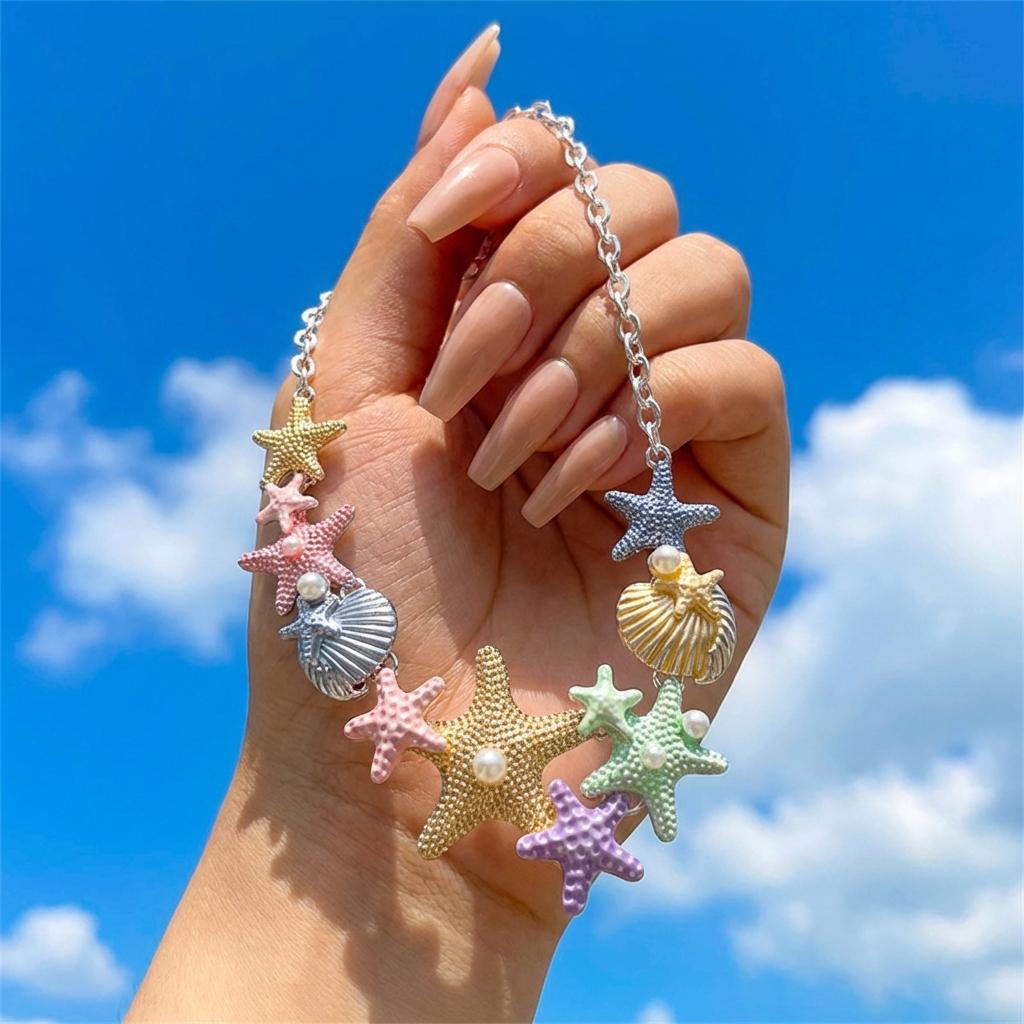 Summer Beach Colorful Vibe Starfish Shell Necklace for Women Imitation Pearl Choker Clavicle Chain Holiday Party Jewelry Gift