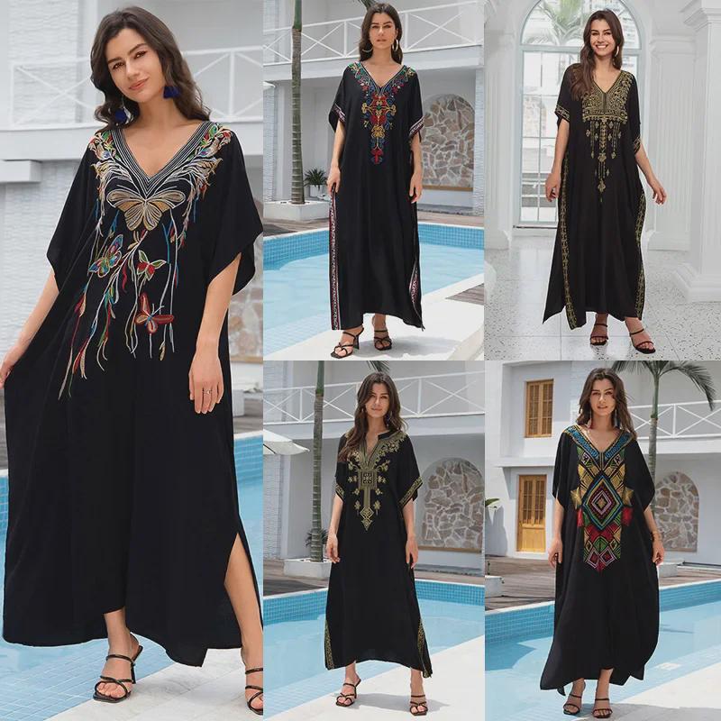 "European & American Embroidered Cotton Maxi Skirt: Women's Beach Sun Protection Robe"