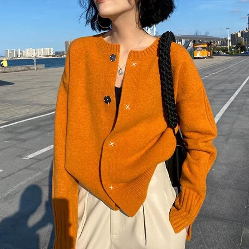 Autumn and winter new knitted cardigan sweater atmosphere pumpkin color lazy wind outside wear crew neck niche top coat women