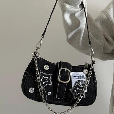 Y2K Denim Shoulder Bag For Women, Star Patch Decor Underarm Purse, Trendy Chain Handbag With Buckle