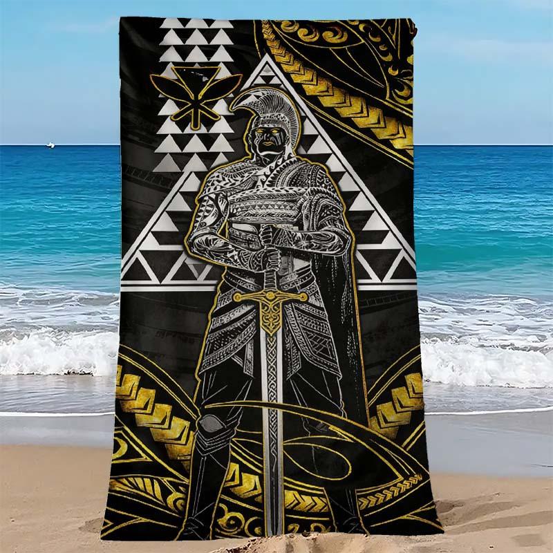 Serviette de plage imprimée Art Totem Samouraï Style Polynésien, Serviette de plage super absorbante, Serviette de natation confortable à séchage rapide
