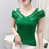 Classic Summer Women's Sexy V-Neck Hot Diamonds T-shirt Elegant Off Shoulder Ladies Tops Shirts Short Sleeved Cotton Tees