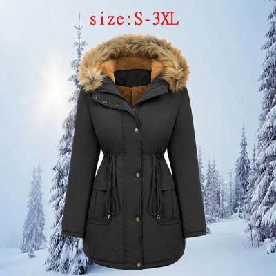 Outdoor Fleece Warm Padded Jacket Ladies Hooded Fur Collar Winter Thermal Jacket Padded Jacket