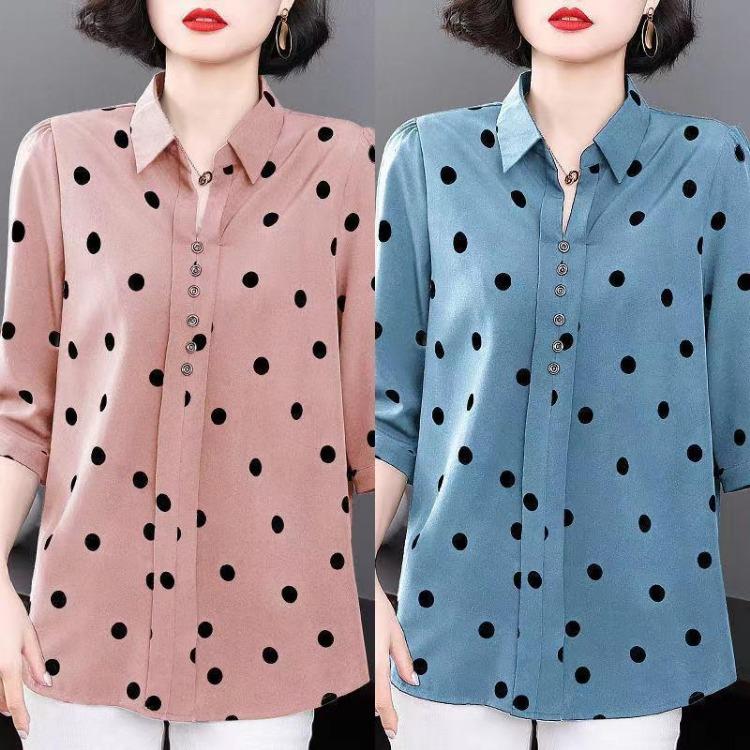Loose Lapel Large Size T Shirt Women Polka Dot Printing Blouse Half Sleeves Sunscreen Chiffon Tops