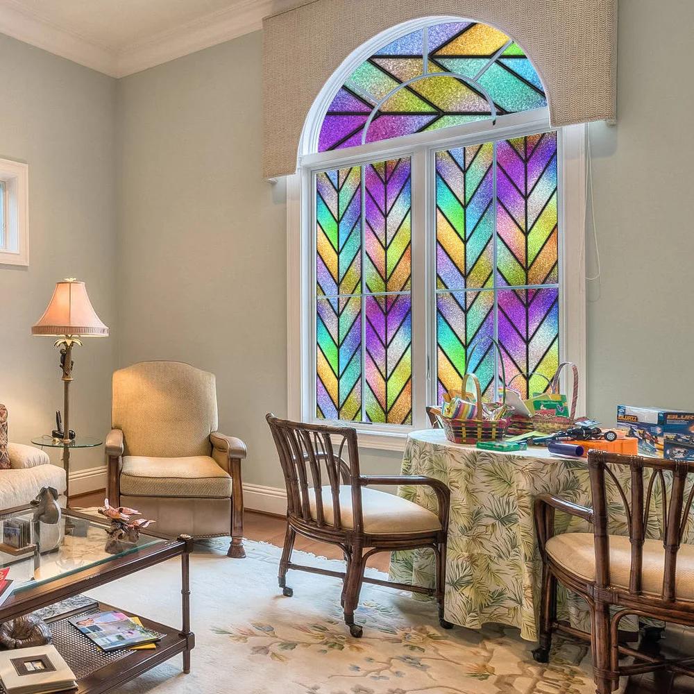 Colorful Stained Glass Window Film Retro Flowers Pattern Non-adhesive Window Decals Static Clings Non-Adhesive Window Stickers