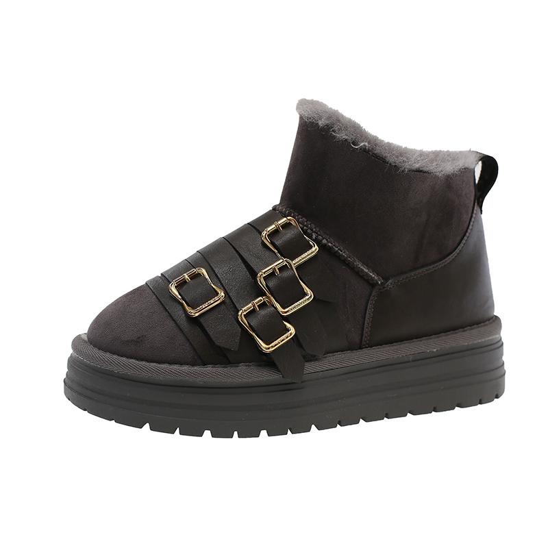 Belt Buckle Platform Snow Boots Winter New Round Toe Suede Plus Wool Warm Non-slip Wear-resistant Cotton Shoes
