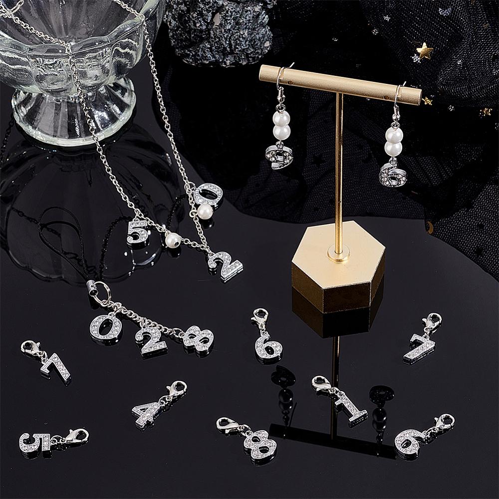 40Pcs 10 Styles Number 0~9 Alloy Rhinestone Pendant Decoration with Alloy Lobster Claw Clasps Platinum 27mm 4pcs/style