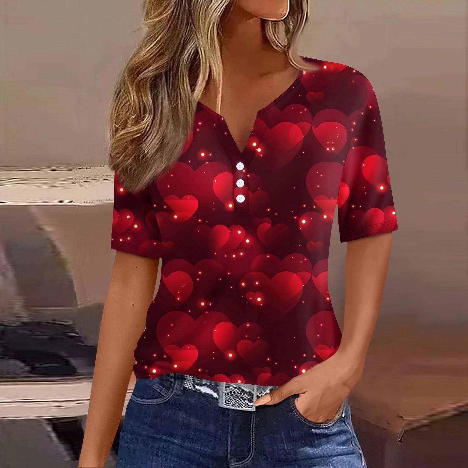 

Женская футболка с принтом ко Дню святого Валентина на пуговицах с коротким рукавом, туника, повседневная мода на выходные, базовый топ с V-образным вырезом XL винный