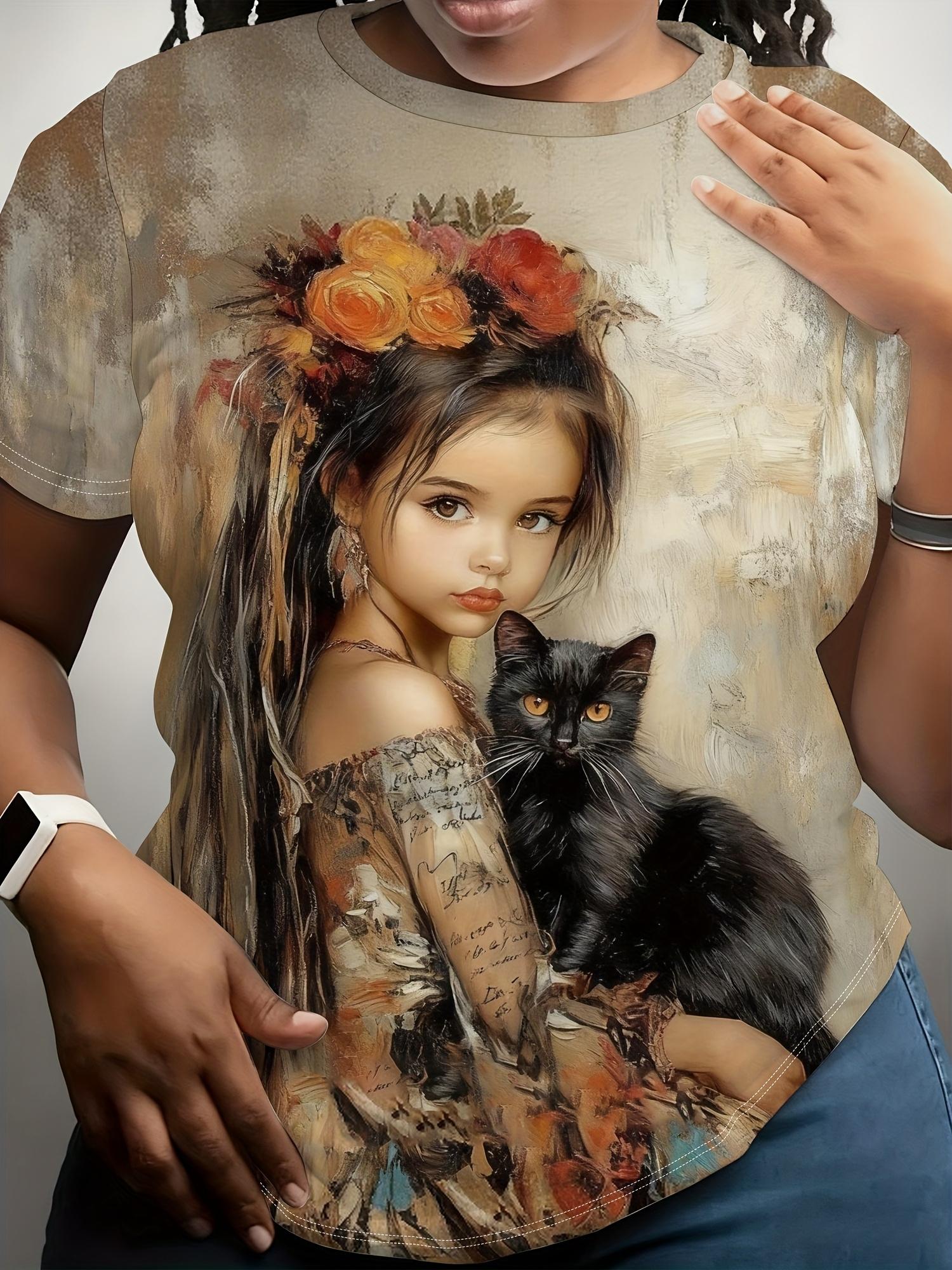 

Women s Digital Print Short-sleeve Shirt. Artistic Style ; and Black Cat; Themed Printed Short-sleeve T-shirt. Vintage Artistic Top. Women s Casual Ro S дубильная кора