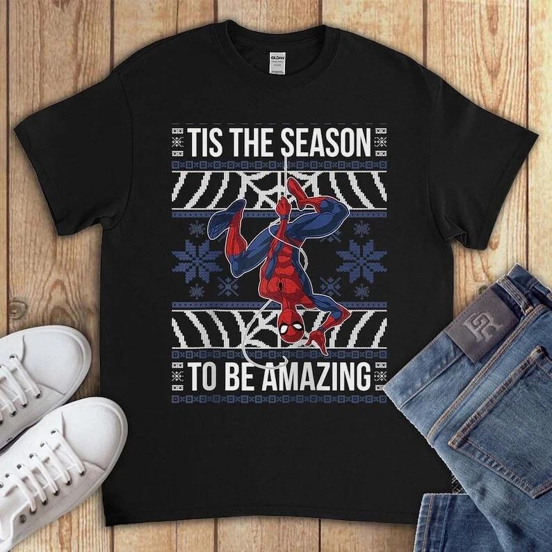 Superhero Spiderunisex Tis The Season To Be Amazing Funny Christmas Tshirt Unisex S
