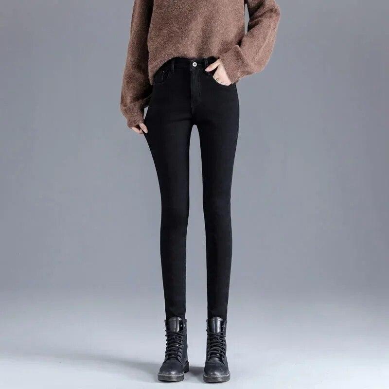 Zimní sexy skinny s vysokým pasem zahuštěné teplé džínové džíny Dámská móda Sametové dámské kalhoty s kapsami Pevné džíny 30109