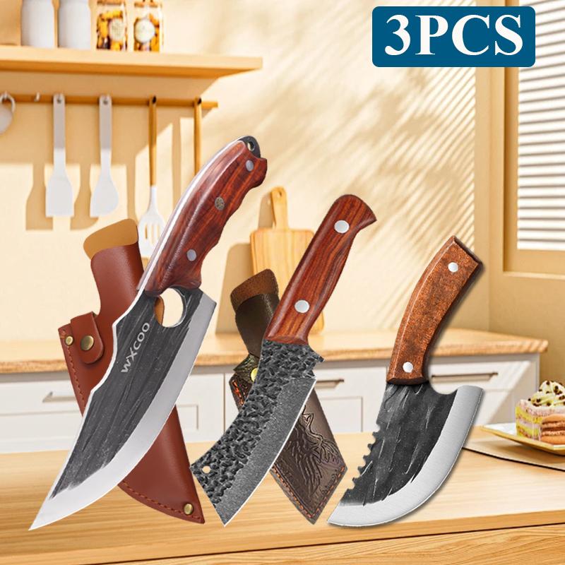 WXCOO Stainless Steel Kitchen Knife with Wooden Handle Multifunctional Butcher Knife Sharp Edge Hand Forged Butcher Knife