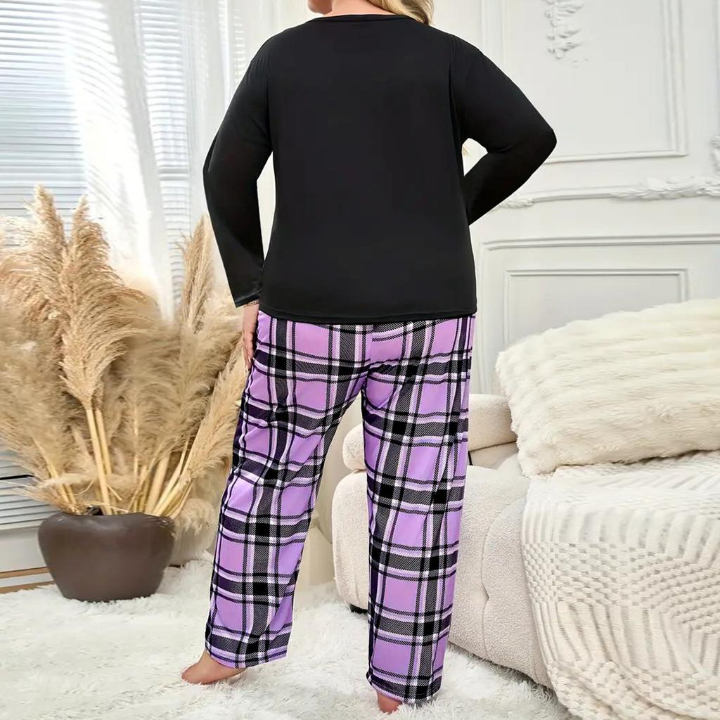 Spring Autumn Plus Size 3XL 4XL Loungewear Set Large-size Women's Pajamas Set Casual Purple Plaid Pyjamas Female Sleepwear Woman