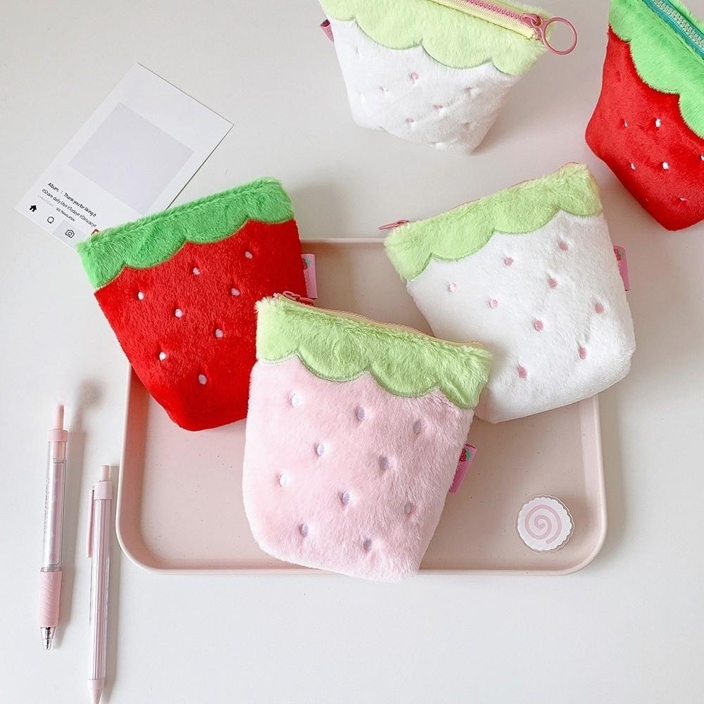Zipper Design Plush Strawberry Keychain Lipstick Card Bag Earphone Bag Key Pendant  Student