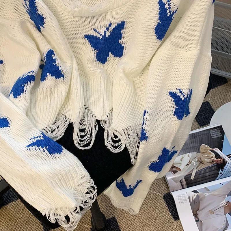 Butterfly Printed Short Sweater Sweet Women's Knitted Pullover Short Top Irregular Tassel Hem Collar Design Wide Truffle Shoulder Thin Sweater