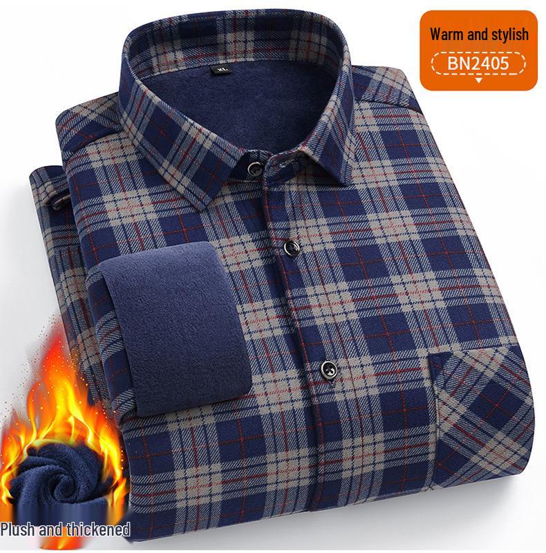 Men's Double-Sided Fleece-Lined Long-Sleeve Shirt for Autumn and Winter