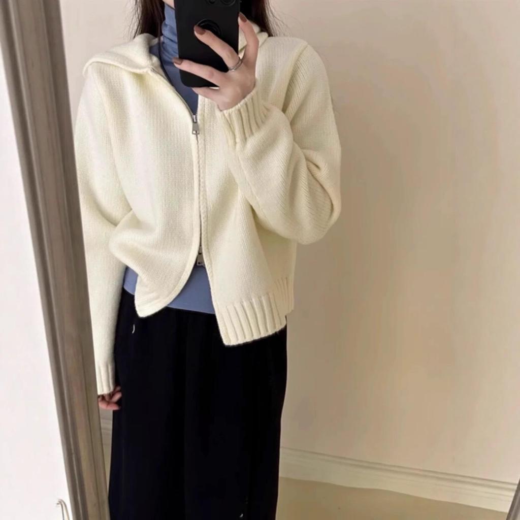 Women's Autumn/Winter Hooded Wool Knit Cardigan - Double Zipper Short Loose Sweater Coat
