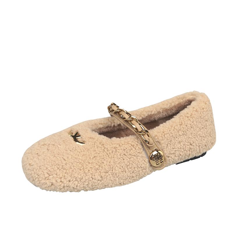 Fashion Aphixta Metal Chain Dec Slip On Flats Soft Fleeces Shoe Shallow Furry Flat With Women Loafers  Slip On Warm Winter Casual Shoes