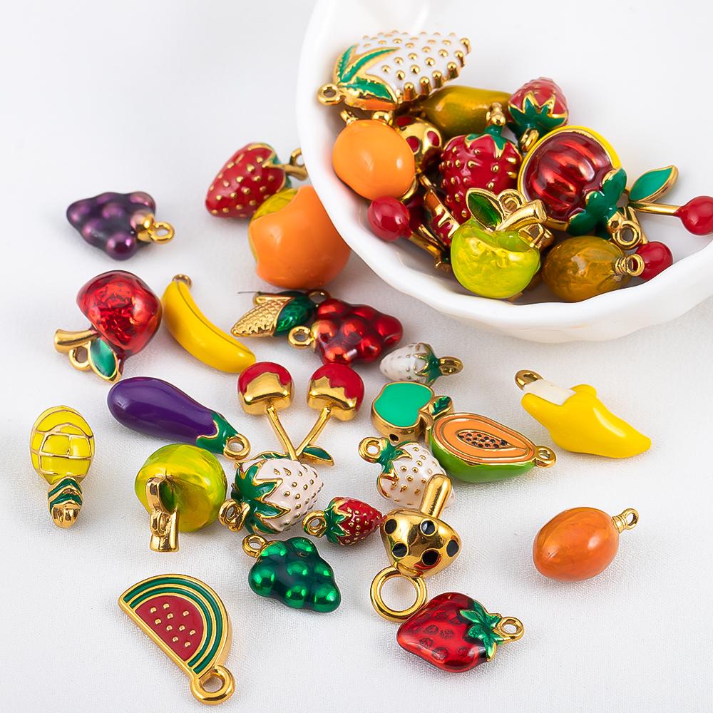 2pcs Stainless Steel Enamel Cute Strawberry Banana Corn Grape Cherry Charms Gold Plated DIY Bracelet Earrings Jewelry Findings