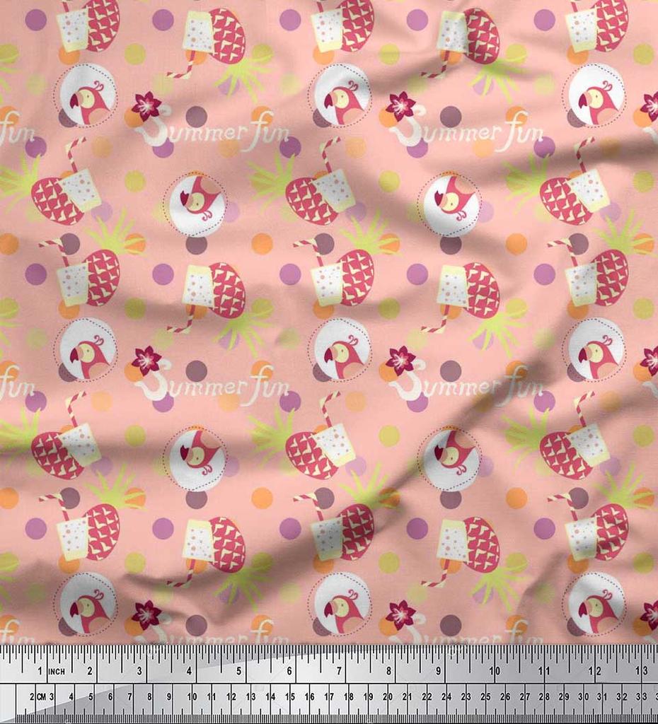 Soimoi Japan Crepe Satin Fabric Dot,Parrot & PineJuice Summer Designs Fabric Prints By Metre 42 Inch