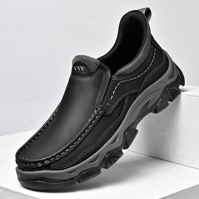 Men's Waterproof Slip On Faux Leather Hiking Shoes for Male Outdoor Non-Slip Walking Sneakers Casual Loafers Work Shoes Comfortable Short Boots