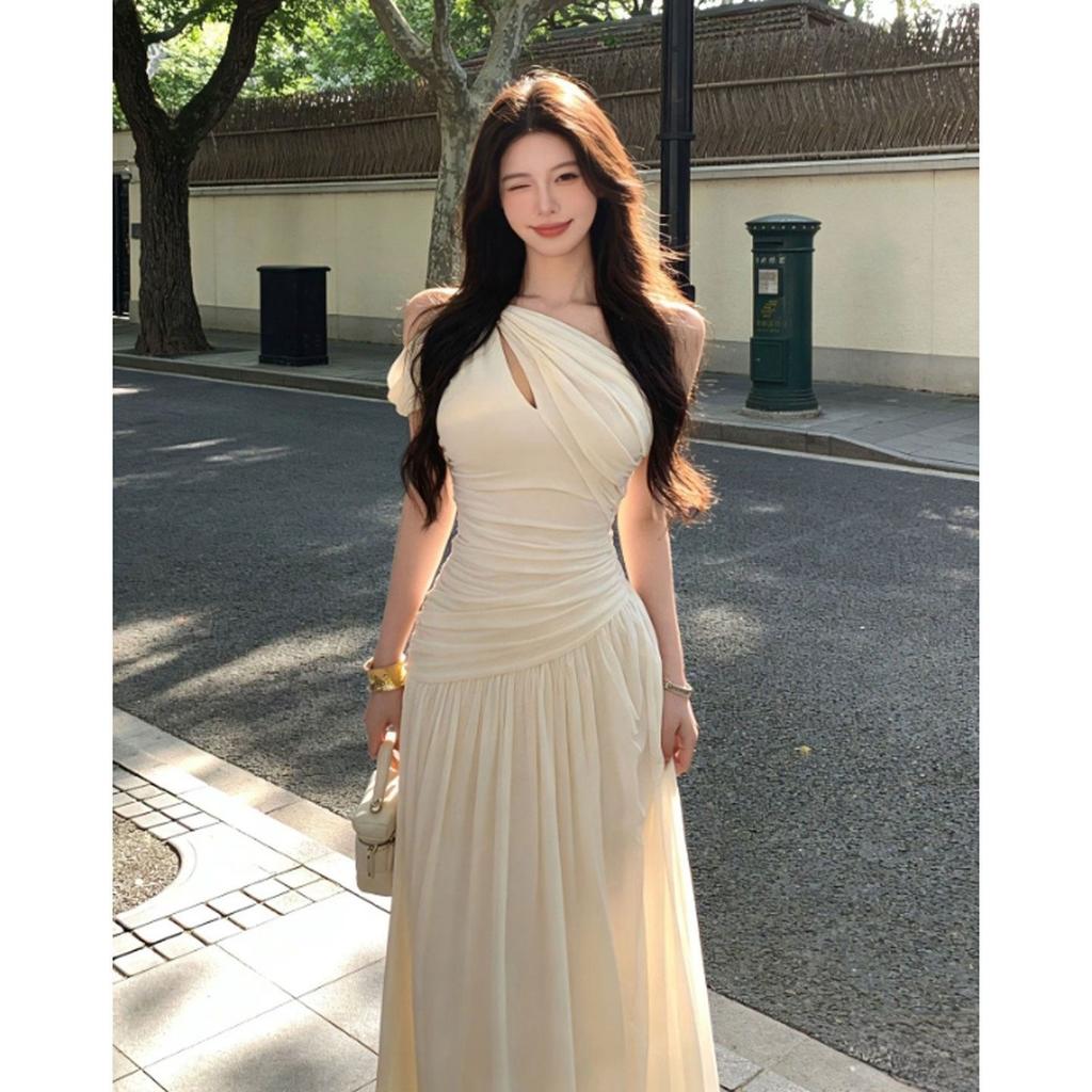Korean gentle style, one word shoulder waist slim suspender long dress fashion temperament dress summer women's clothing